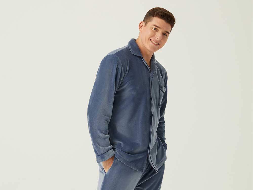 男士海岛绒长袖开衫长裤套装